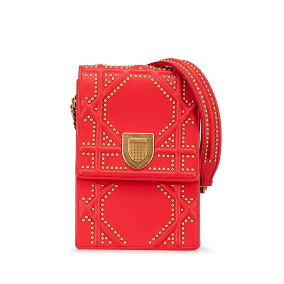 Christian Dior Dior Diorama Stud Chain Shoulder Bag Red Gold Leather Women's - Picture 1 of 10